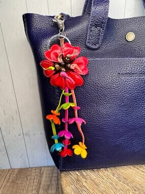 Red Leather Beaded Daisy Flower Purse Charm Genuine Leather Bag Charm NEW